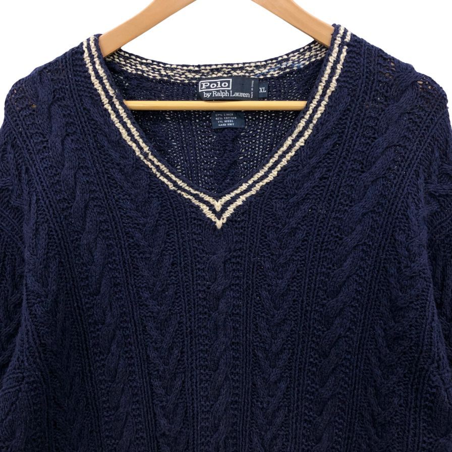 美品◆ポロ ラルフローレン プルオーバーニット Vネック ハンドニット ネイビー サイズXL POLO RALPH LAUREN 【AFB48】