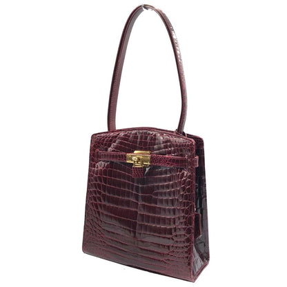 ノーブランド ショルダーバッグ クロコダイル 本革 レザー ターンロック ボルドー ゴールド金具 GENUINE CROCODILE SKIN【AFE6】