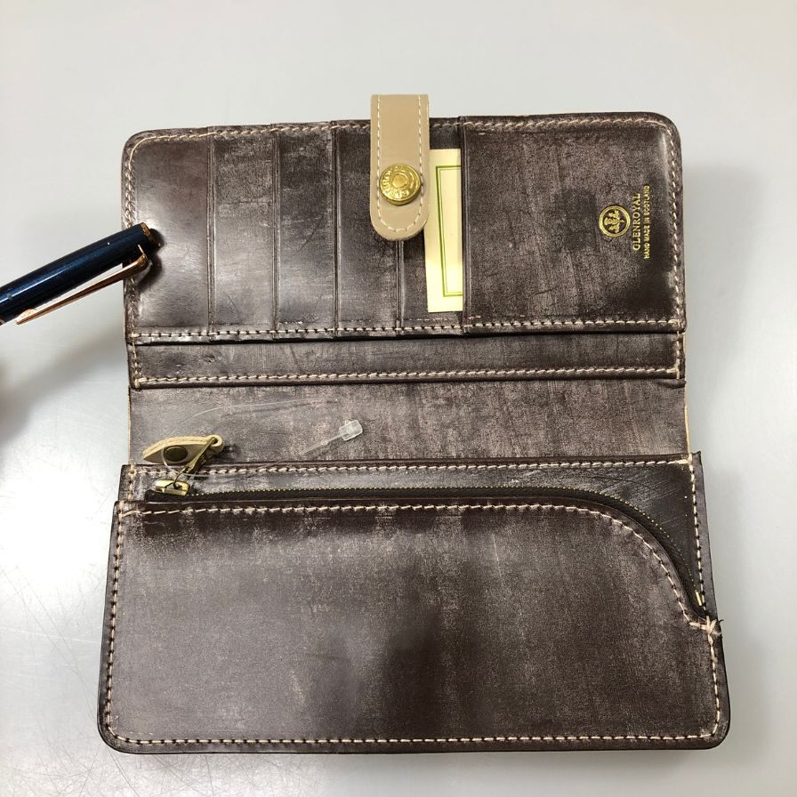 グレンロイヤル 長財布 二つ折り財布 フラップボタン エナメル×ブライドルレザー グレー ゴールド金具 GLENROYAL【AFI1】
