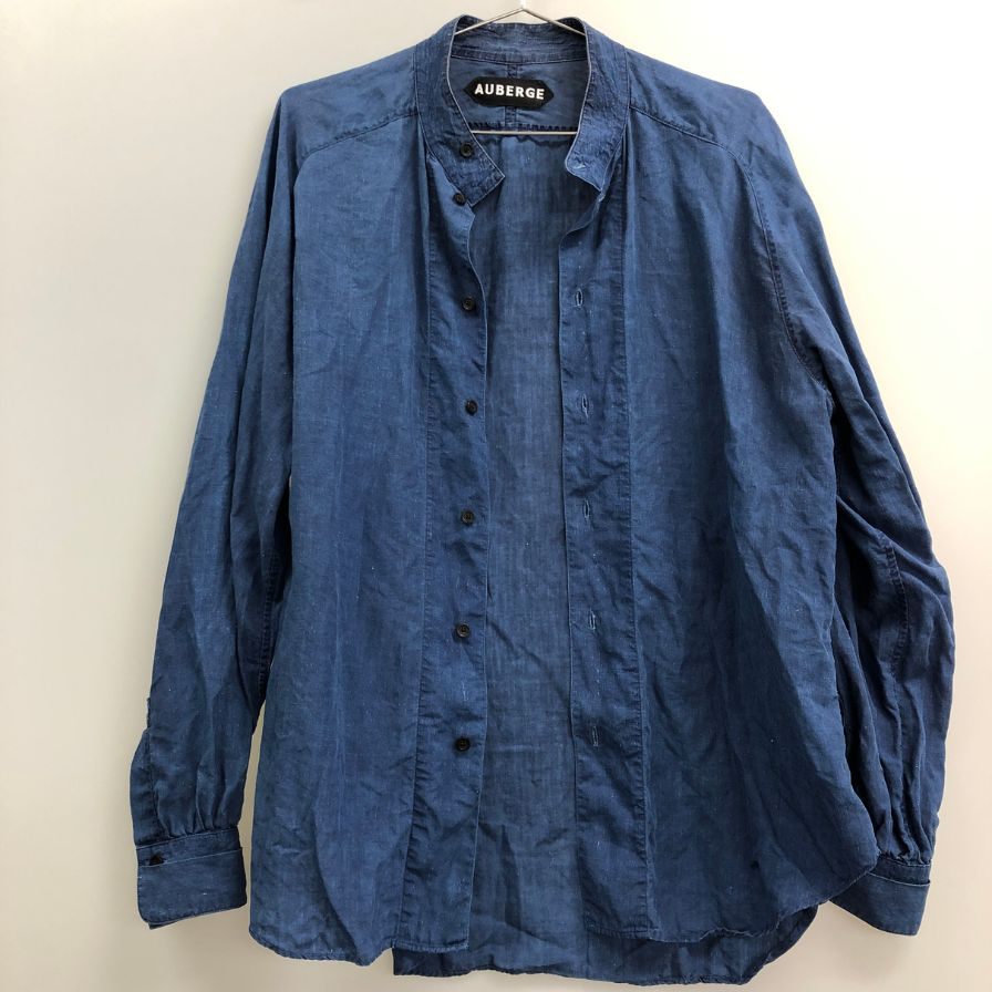 美品◆オーベルジュ スタンドカラーシャツ ポルティエ リネン インディゴ メンズ サイズ40 AUBERGE 【AFB43】