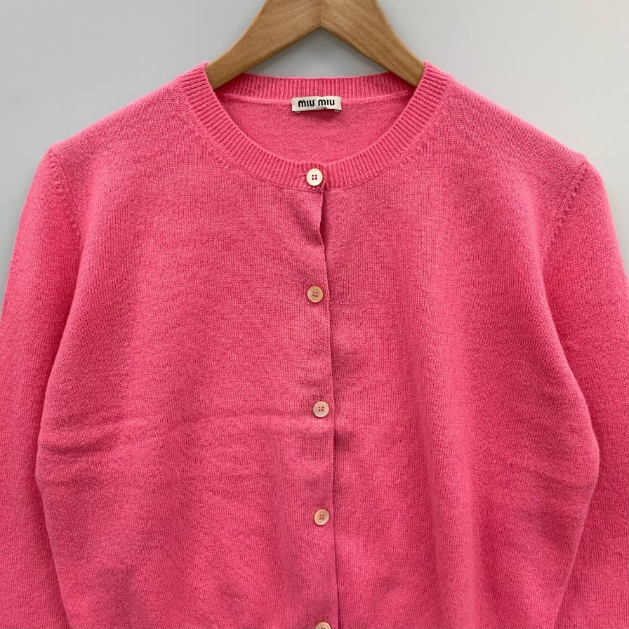 極美品◆ミュウミュウ カーディガン クルーネック カシミア100% レディース サイズ44 ピンク miumiu 【AFB28】