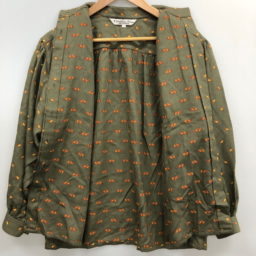 美品◆クリスチャンディオール プレタポルテ シャツ スタンドネック 総柄 レディース サイズS グリーン系 Christian Dior PRET-A-PORTER 【AFB48】