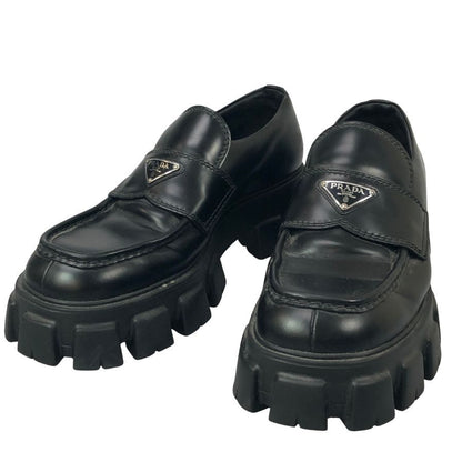 プラダ レザーローファー モノリス トライアングルロゴ 2DE129 メンズ サイズ10 黒 PRADA 約29.0cm【AFC2】