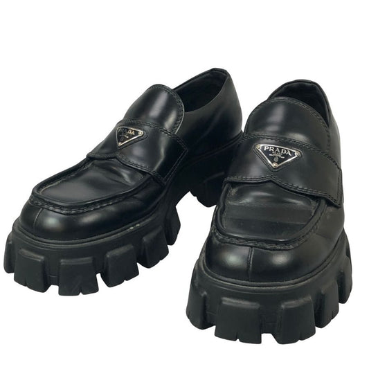 プラダ レザーローファー モノリス トライアングルロゴ 2DE129 メンズ サイズ10 黒 PRADA 約29.0cm【AFC2】