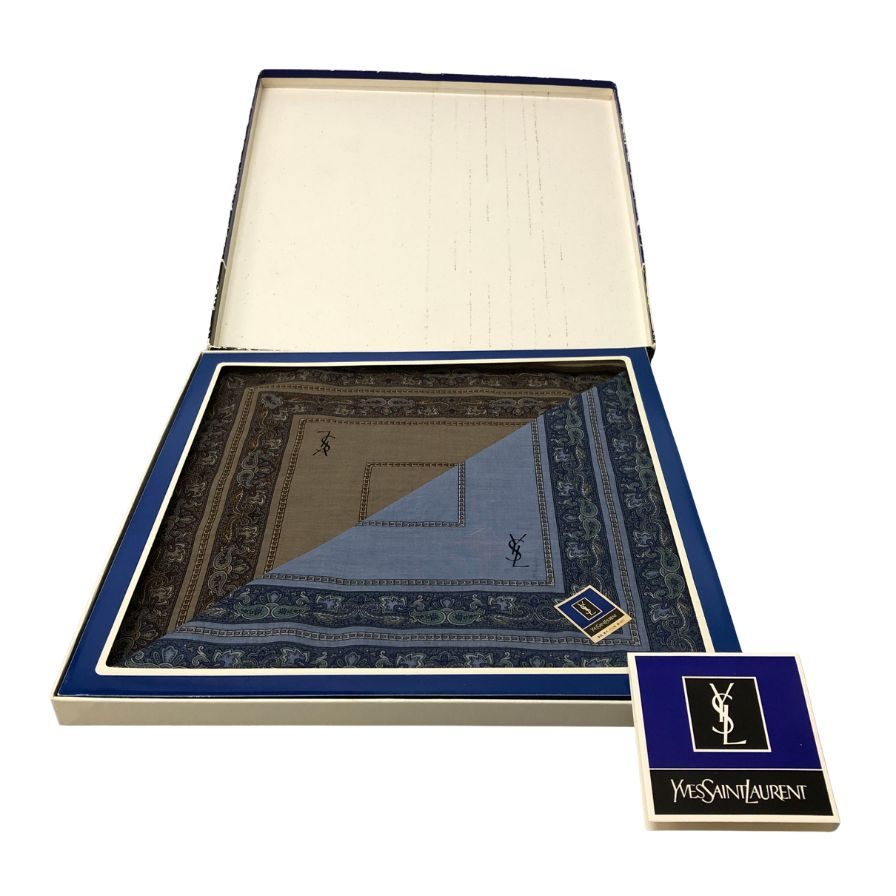 イヴ サンローラン ハンカチ2枚セット総柄 日本製 コットン100% ブラウン＆ブルー Yves Saint Laurent【AFI21】【中古】