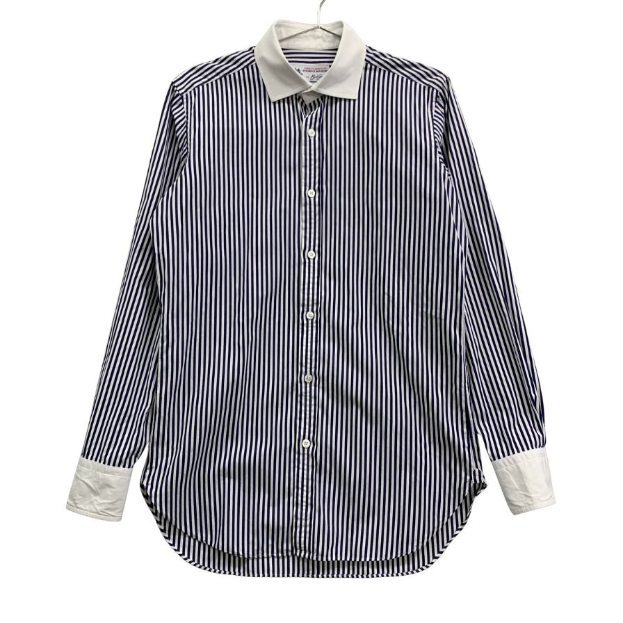 美品◆ブリッラ ペル イル グスト×トーマス メイソン シャツ ストライプ コットン ネイビー メンズ サイズ40 15 4/3 Brilla per il gusto×THOMAS MASON 【AFB11】