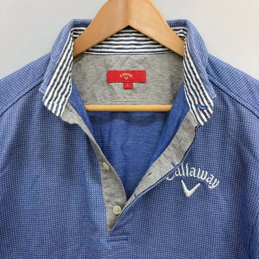 美品◆キャロウェイ ポロシャツ ドット総柄 刺繍 ロゴ コットン ゴルフウェア ブルー メンズ サイズL Callaway 【AFB6】