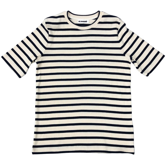 新品同様◆ジルサンダー+24SS  Tシャツ リブ コットン ジャージー ボーダー バックパッチ レディース サイズL ホワイト系 JIL SANDER+ 【AFB8】