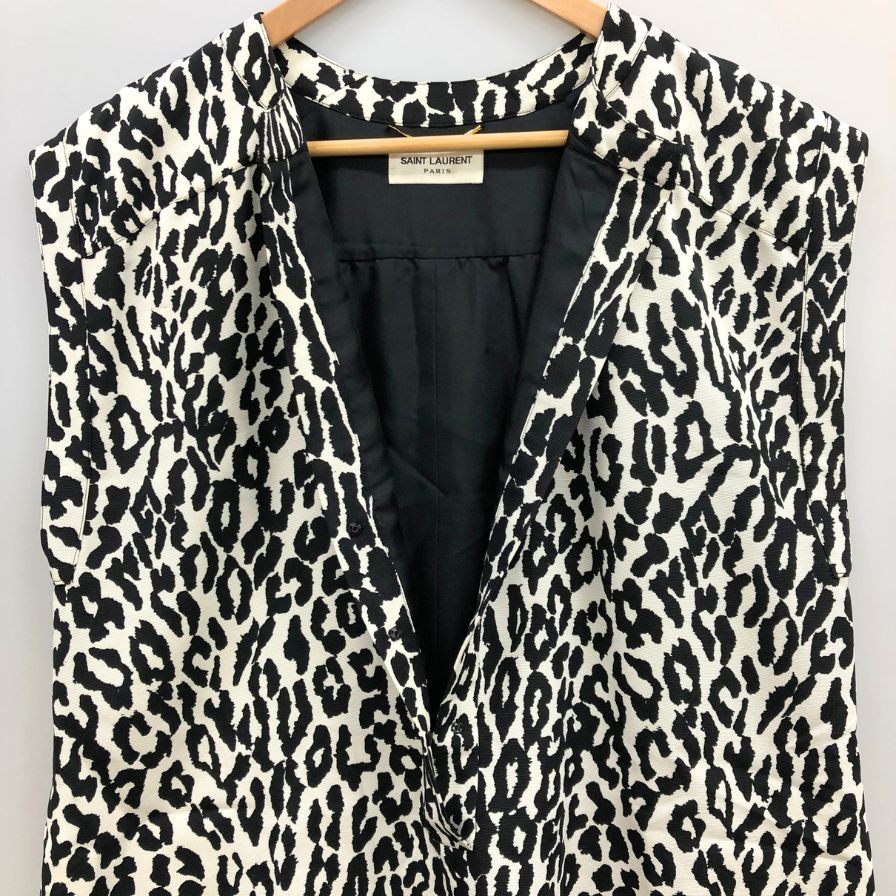 美品◆サンローランパリ 15SS ノースリーブ アニマル柄 ワンピース レディース サイズ38 ブラック  SAINT LAURENT PARIS 【AFB1】