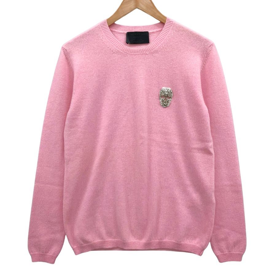 極美品◆フィリッププレイン ニット セーター スカルビジュー カシミア100% レディース サイズL ピンク Philipp Plein 【AFB7】