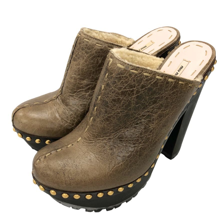 ミュウミュウ サボサンダル チャンキーヒール ムートン 内ボア ブラウン レディース サイズ36 MIUMIU 約22.5cm【AFC41-2】