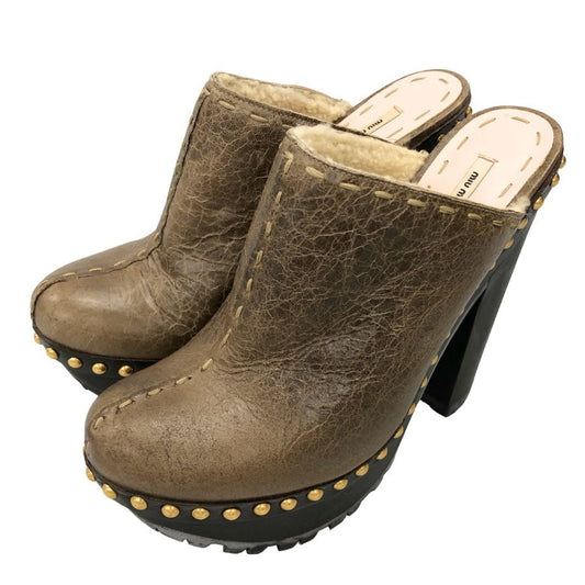 ミュウミュウ サボサンダル チャンキーヒール ムートン 内ボア ブラウン レディース サイズ36 MIUMIU 約22.5cm【AFC41-2】
