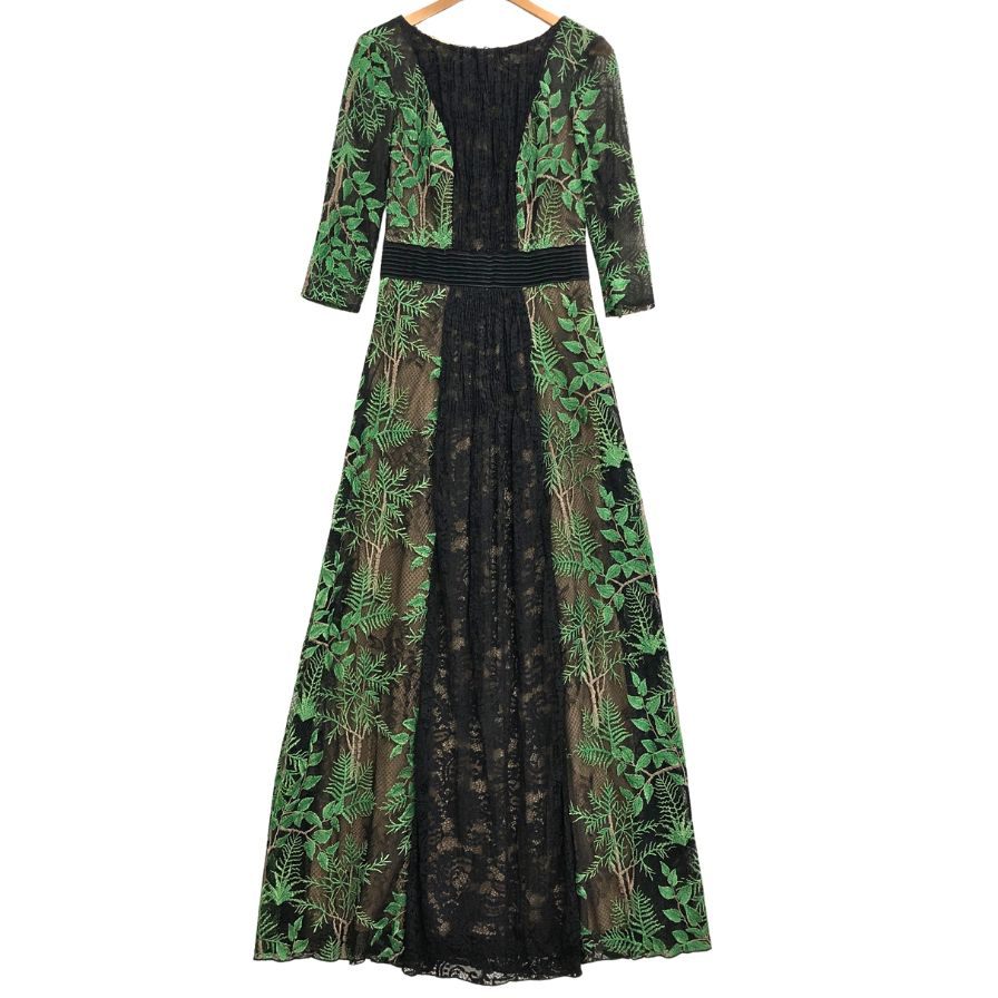 極美品◆タダシショージ ドレス レーヨン 葉っぱ柄 刺繍  レース レディース ブラック サイズ2 総柄 TADASHI SHOJI 【AFB4】