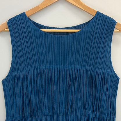 極美品◆プリーツプリーズ ノースリーブカットソー フリンジ ブルー系 サイズ3 レディース PP71-JK791 PLEATS PLEASE ISSEY MIYAKE 【AFB45】
