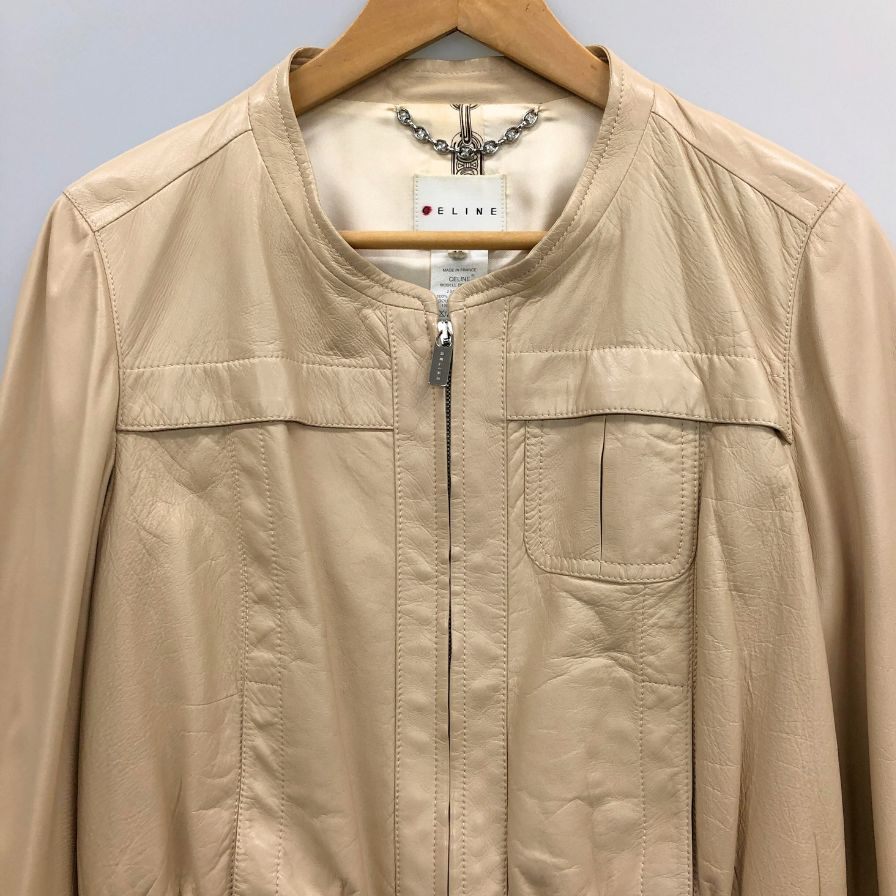中古◆セリーヌ ノーカラージャケット ラムレザー ベージュ レディース サイズ42 CELINE 【AFB15】