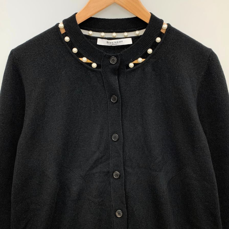 極美品◆ジバンシィ カーディガン フェイクパールあしらい シルク＆カシミア混 17AW レディース サイズL ブラック GIVENCHY 【AFB20】
