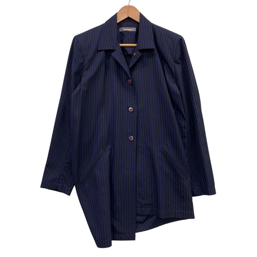 美品◆イッセイミヤケ 80S 筆タグ 変形ジャケット ストライプ ネイビー系 メンズ サイズM ISSEY MIYAKE 【AFB14】