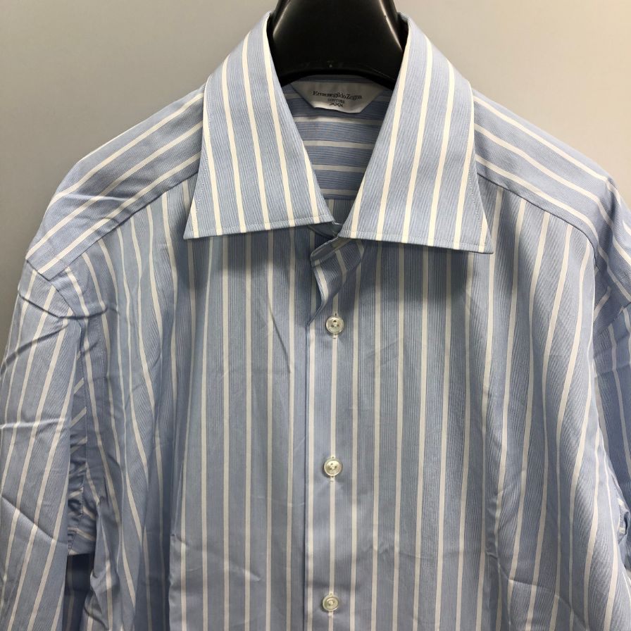 新品同様◆エルメネジルドゼニア 長袖ドレスシャツ ストライプ ブルー サイズ39/15.5 Ermenegildo Zegna 【AFB40】