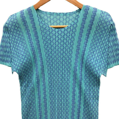 極美品◆プリーツプリーズ イッセイミヤケ 半袖カットソー ブルー系 レディース サイズ4 PP73-JK482 PLEATS PLEASE ISSEY MIYAKE 【AFB16】