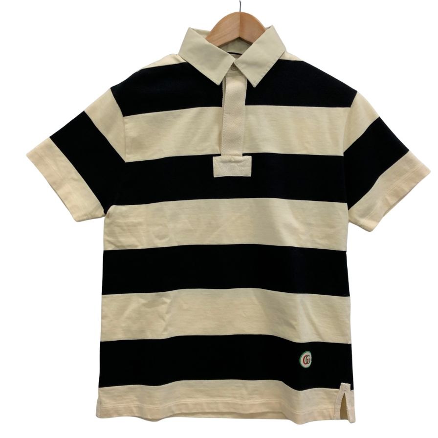 極美品◆グッチ ポロシャツ 645251 XJC6F コットン ボーダー柄 メンズ ベージュ×ブラック サイズS GUCCI 【AFB25】