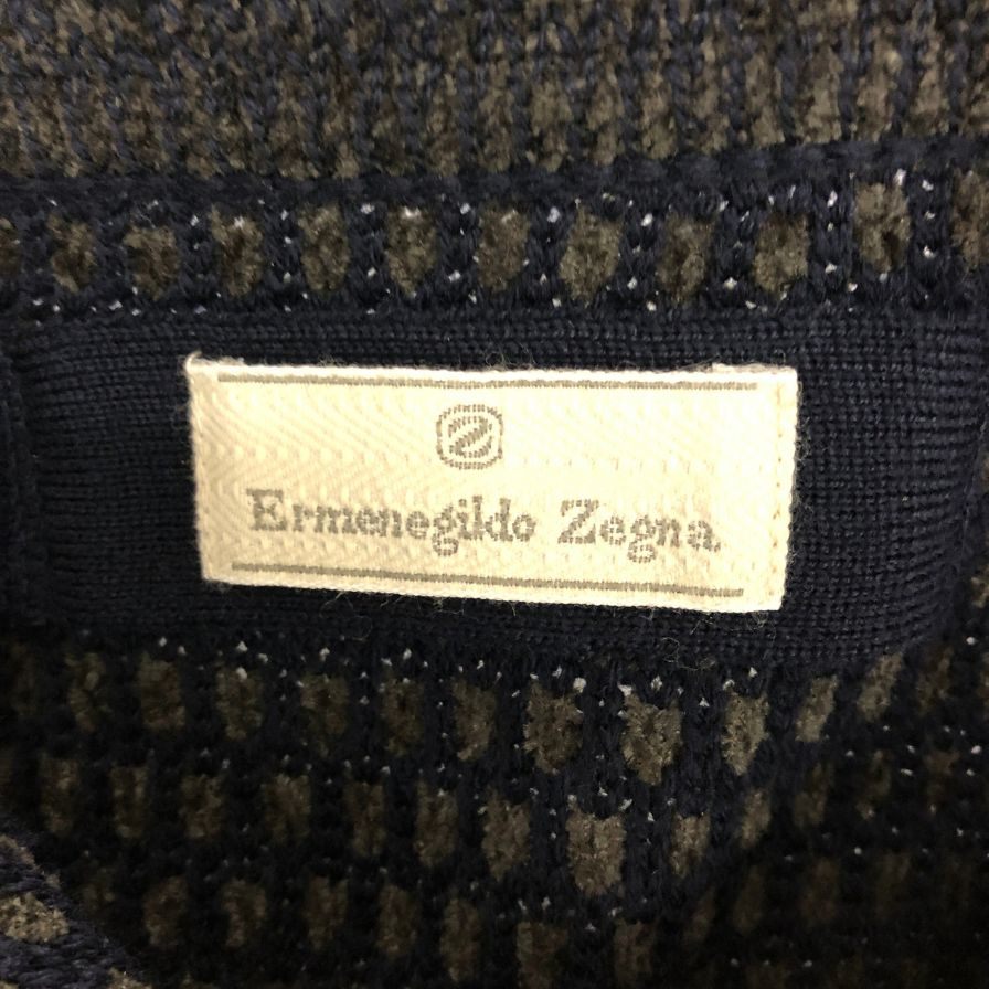 美品◆エルメネジルドゼニア ニットセーター ウール ハイネック スエードパイピング ネイビー系 サイズ50 メンズ Ermenegildo Zegna 【AFB27】