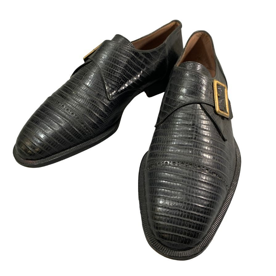 パチョッティ レザーシューズ シングルモンク ストラップ リザード 型押し ブラック サイズ6.5 PACIOTTI 約25.5cm【AFC41-2】