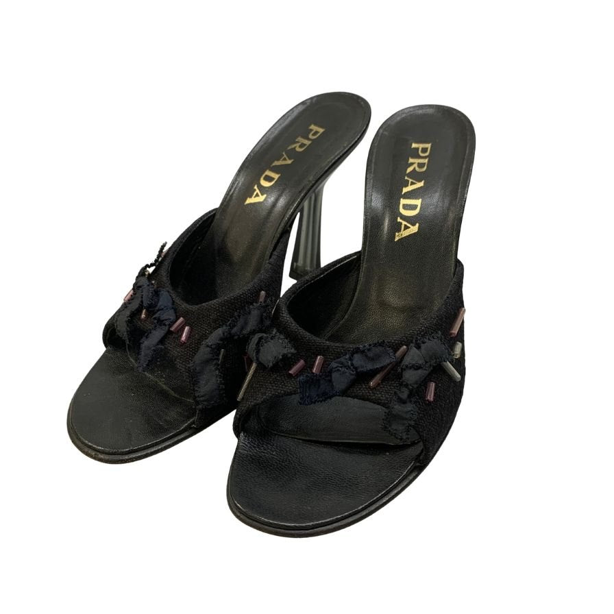 プラダ ミュール サンダル ビーズあしらい クリアヒール レディース サイズ37.5 ブラック PRADA 約24.5cm【AFC41】