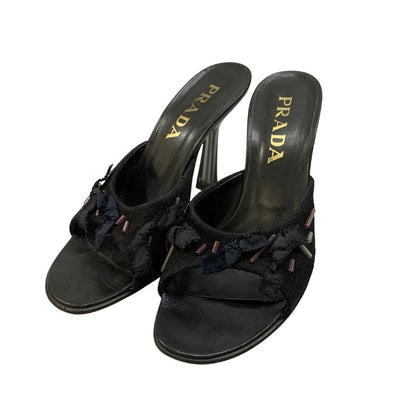 プラダ ミュール サンダル ビーズあしらい クリアヒール レディース サイズ37.5 ブラック PRADA 約24.5cm【AFC41】