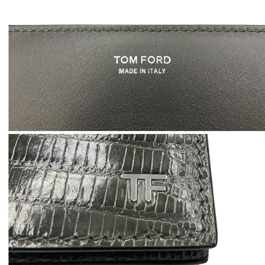 トムフォード レザー 二つ折り名刺れ カードケース リザード型押し メンズ グレー系 TOM FORD【AFI2】