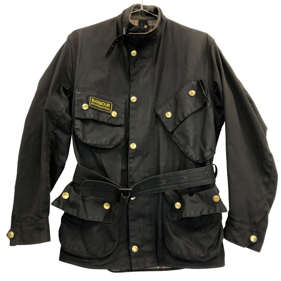 中古◆バブアー インターナショナル  3ワラント モーターサイクル ジャケット オイルドジャケット ウエストベルト メンズ サイズC34 ブラック barbour international 【AFA3】