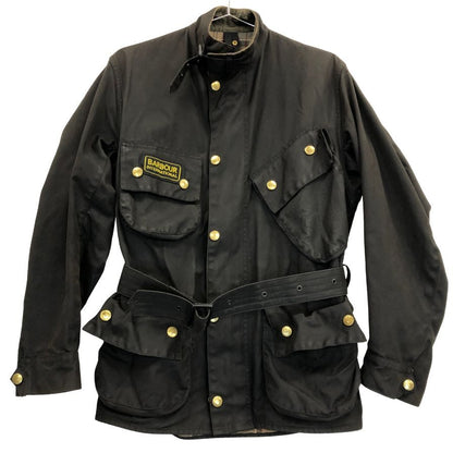 中古◆バブアー インターナショナル  3ワラント モーターサイクル ジャケット オイルドジャケット ウエストベルト メンズ サイズC34 ブラック barbour international 【AFA3】