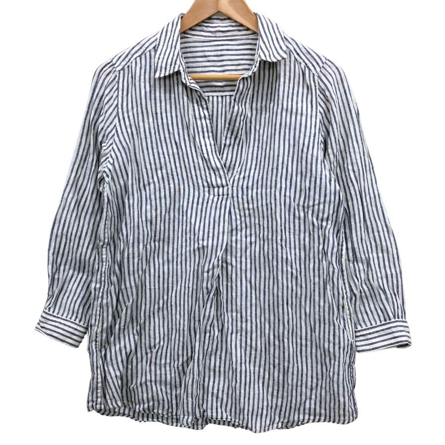 美品◆フレンチリネン プルオーバー ストライプ リネンシャツ 白×青 サイズM レディース 麻 長袖シャツ french linen 【AFB15】