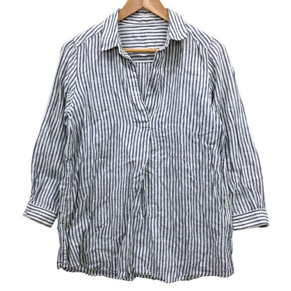 美品◆フレンチリネン プルオーバー ストライプ リネンシャツ 白×青 サイズM レディース 麻 長袖シャツ french linen 【AFB15】