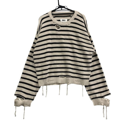 極美品◆エムエムシックス メゾン マルジェラ 23SS クルーネックニット ダメージ加工 ボーダー ホワイト レディース サイズXL S52GP0141 MM6 Maison Margiela 【AFA6】