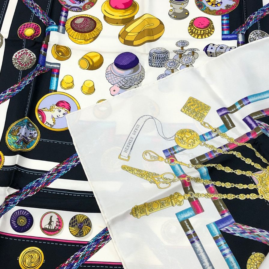 エルメス スカーフ カレ90 お針子さん PETIT MAIN ホワイト系 HERMES【AFI18-2】