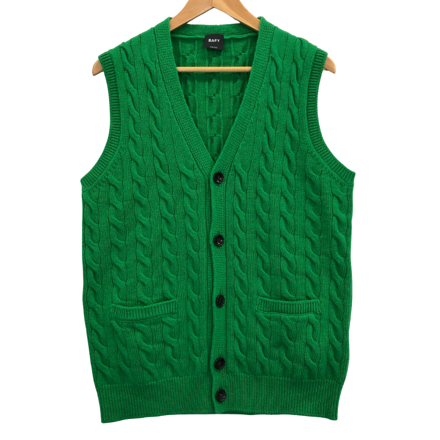 美品◆バフィー ケーブルニット ベスト ウール メンズ グリーン サイズ50 BAFY 【AFB13】