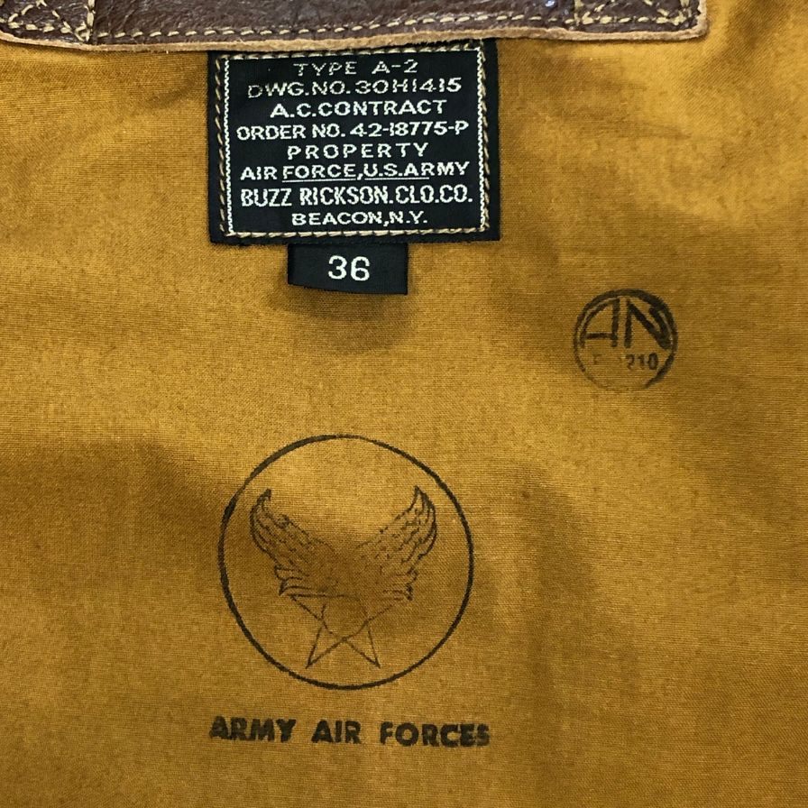 美品◆バズリクソンズ レザージャケット A-2 ホースハイド ワッペン メンズ ブラウン サイズ36 BUZZ RICKSON'S 【AFG1】