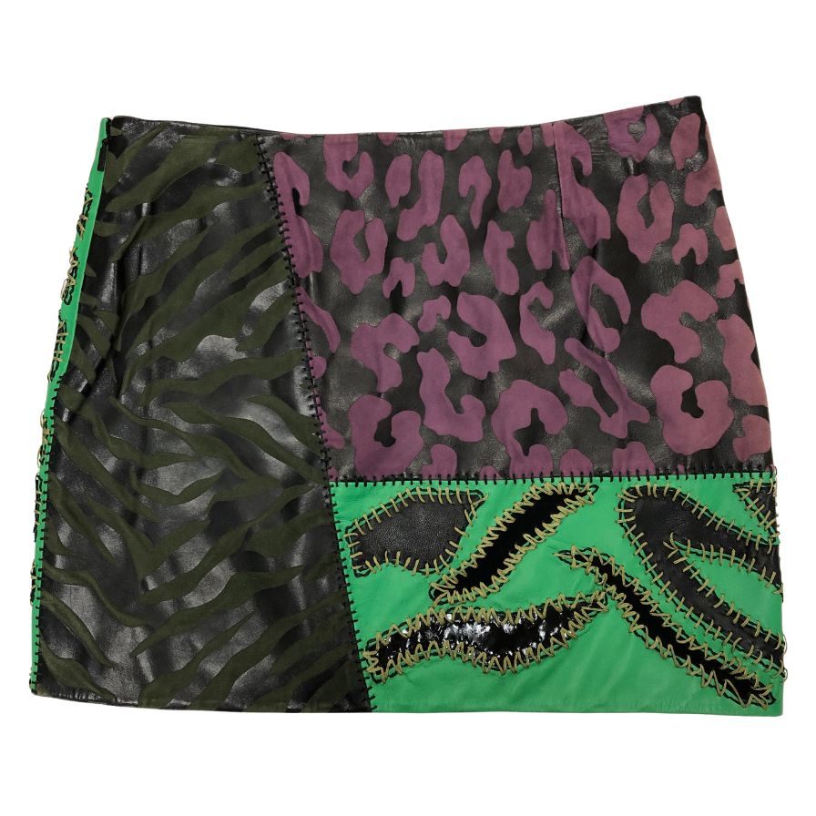 ジャンニヴェルサーチ レザー ミニ スカート レディース クロスパッチ ラムスキン サイズ40 マルチカラーGIANNI VERSACE【AFB44】