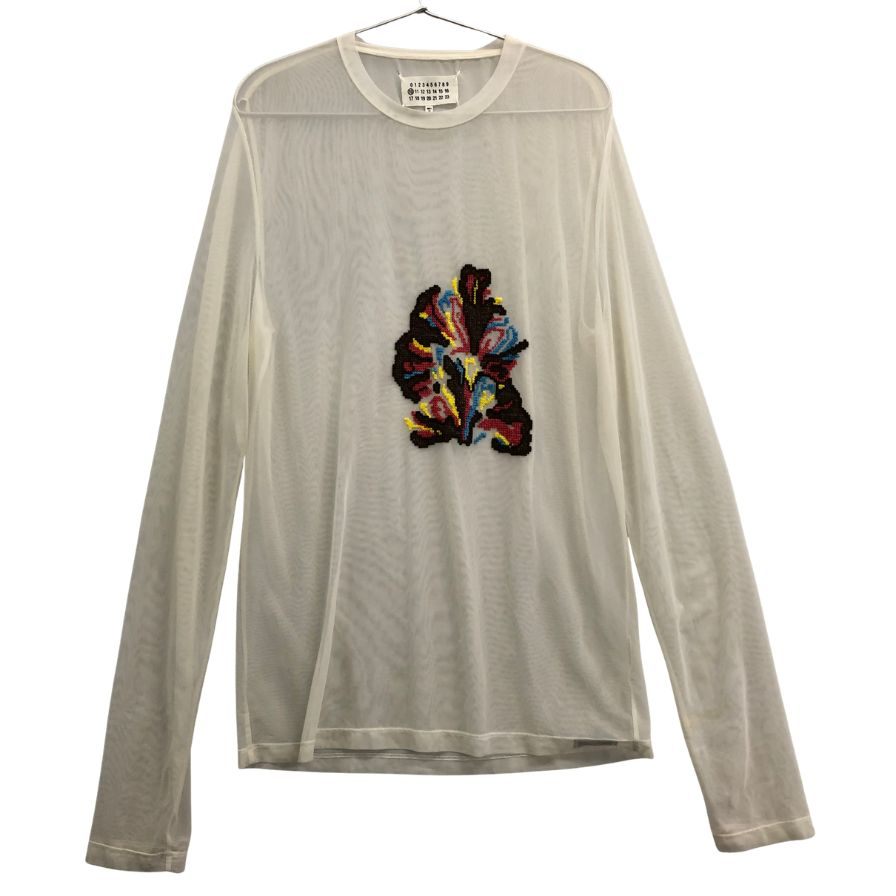 中古◆メゾンマルジェラ カットソー シアー 刺繍 長袖 メッシュ 透け スリム 10 ホワイト メンズ Maison Margiela 【AFB41】