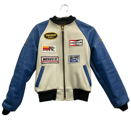 美品◆バンソン チームジャケット パッチ付 レザー MADE IN USA メンズ サイズ34 ブルー×ホワイト vanson 【AFF22】