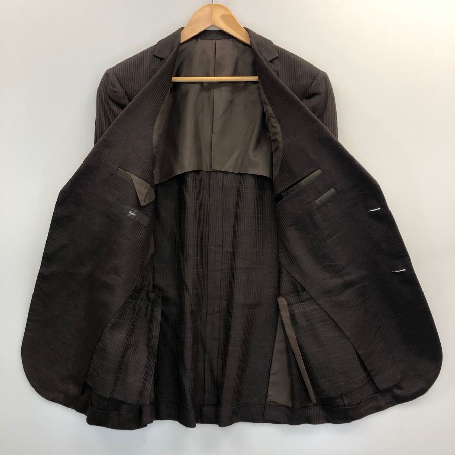 美品◆エルメネジルド ゼニア テーラードジャケット  ストライプ シルク リネン ブラウン メンズ サイズ48R ErmenegildoZegna 【AFB30】