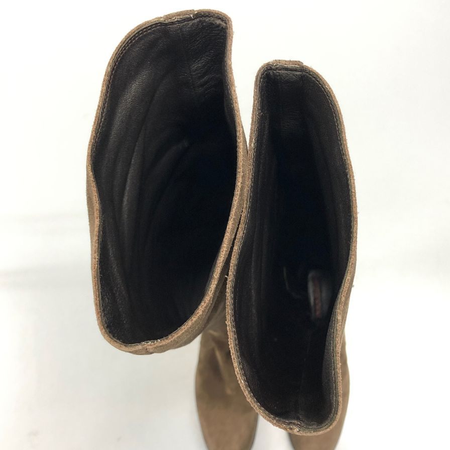 プラダ ニーハイ ブーツ スエード インサイドジップ サイドベルト ゴムソール レディース サイズ35 ブラウン PRADA 約22.0cm【AFI30】