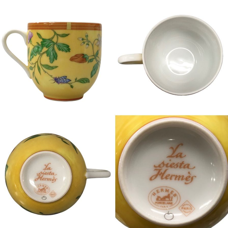 エルメス シエスタ デミタス カップ&ソーサー 花柄 イエロー系 総柄 2客セット HERMES【AFI28】【中古】