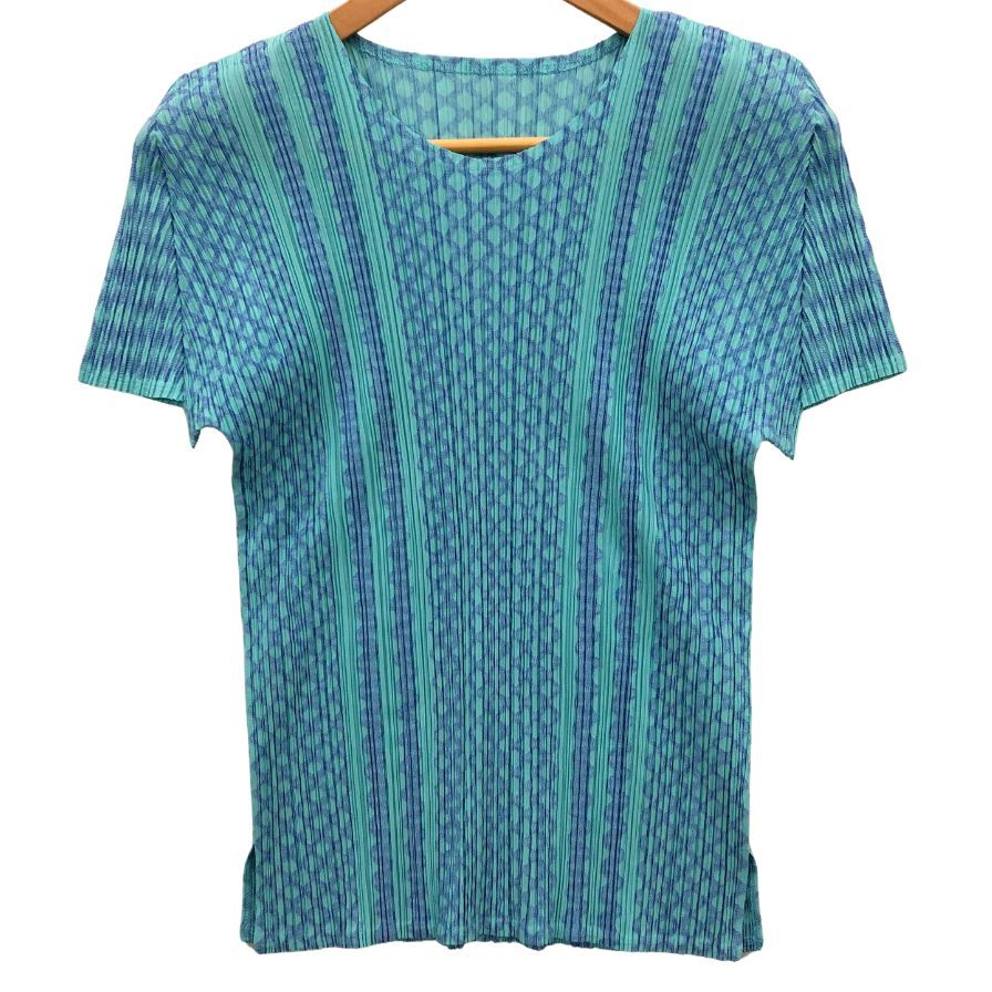 極美品◆プリーツプリーズ イッセイミヤケ 半袖カットソー ブルー系 レディース サイズ4 PP73-JK482 PLEATS PLEASE ISSEY MIYAKE 【AFB16】