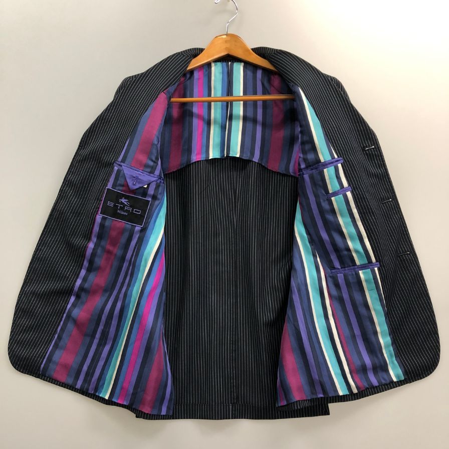 美品◆エトロ 3つボタン 3Bジャケット ストライプ柄 裏地パープル メンズ サイズ48 ネイビー ETRO 【AFA18】