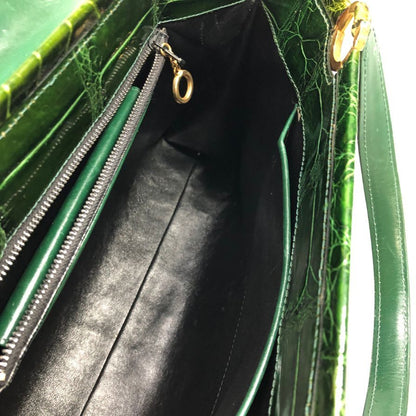 ブランド不明 クロコダイル想定 ハンドバッグ シャイニー ゴールド金具 レディース グリーン【AFE1】