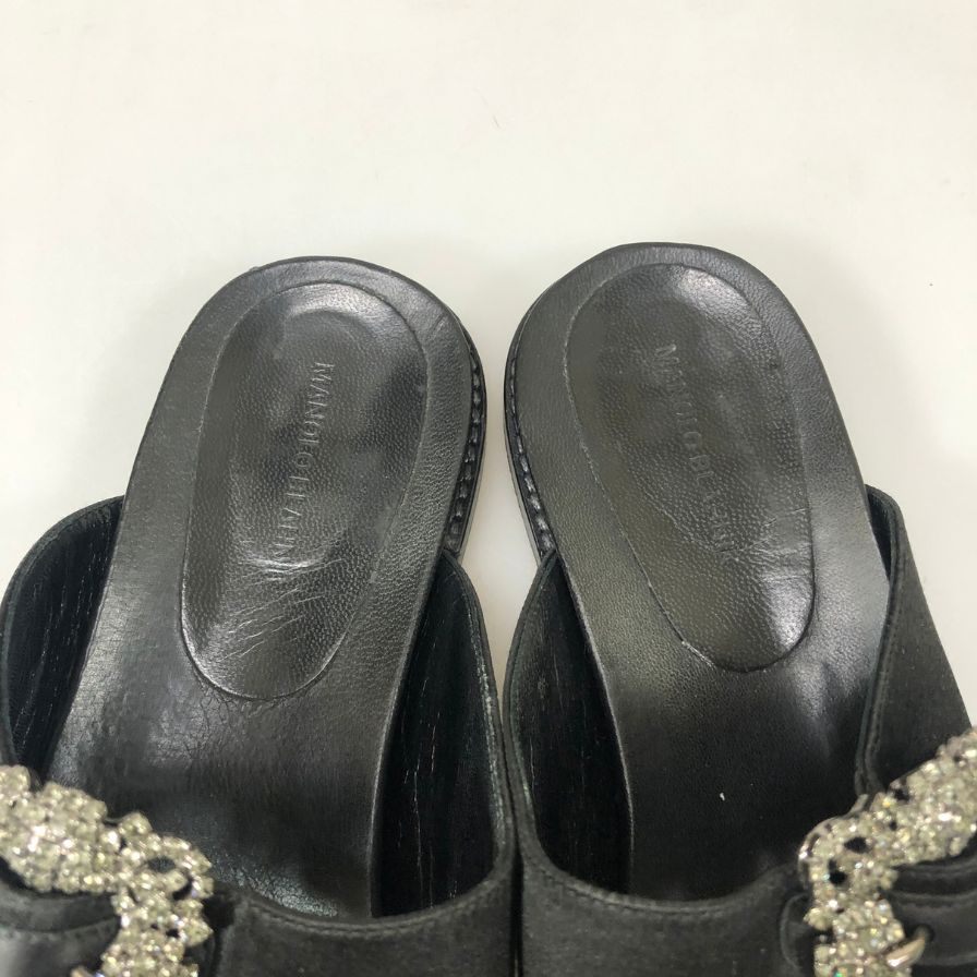 マノロブラニク サンダル ハンギシ ビジュー付き レザー×サテン ブラック レディース サイズ39 MANOLO BLAHNIK 約25.0cm【YB3】