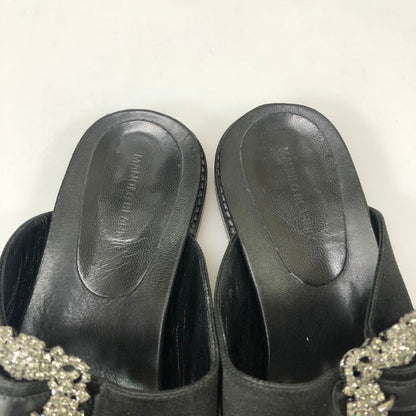 マノロブラニク サンダル ハンギシ ビジュー付き レザー×サテン ブラック レディース サイズ39 MANOLO BLAHNIK 約25.0cm【YB3】