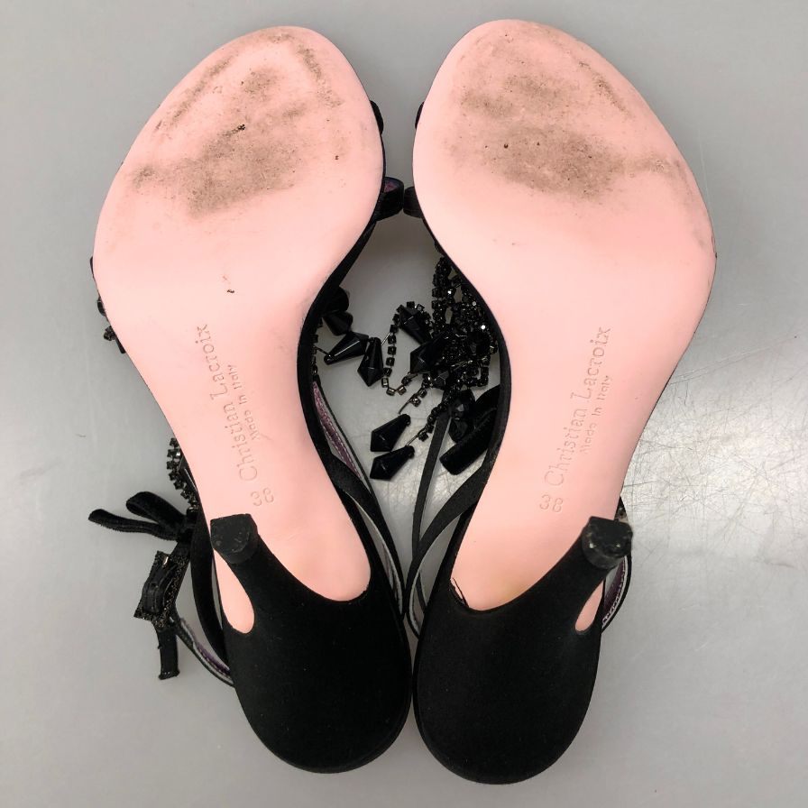 クリスチャン ラクロワ パンプス ビーズストラップ レザー ヒール ブラック ピンク レディース サイズ38 Christian Lacroix 約24.5cm【AFD1】