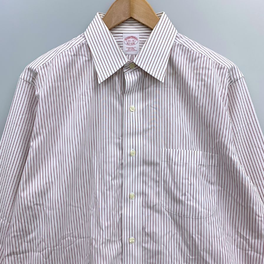 美品◆ブルックスブラザーズ シャツ 長袖 ストライプ 綿 メンズ ボルドー サイズ15.5 Brooks Brothers 【AFB3】